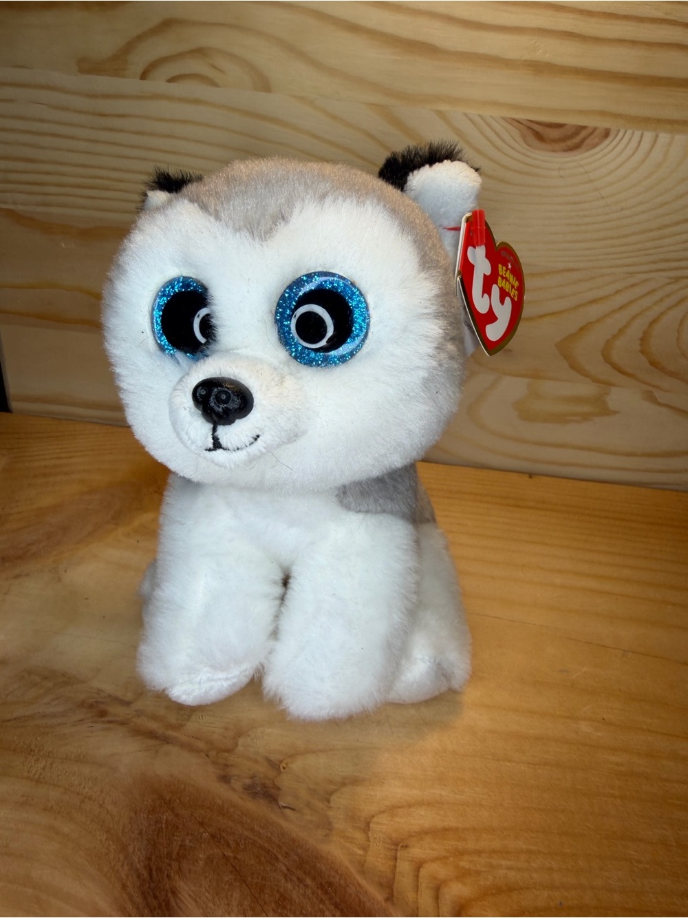 Ty Beanie Baby Plush Husky “buff” in White, Gray & Black with Blue Eyes